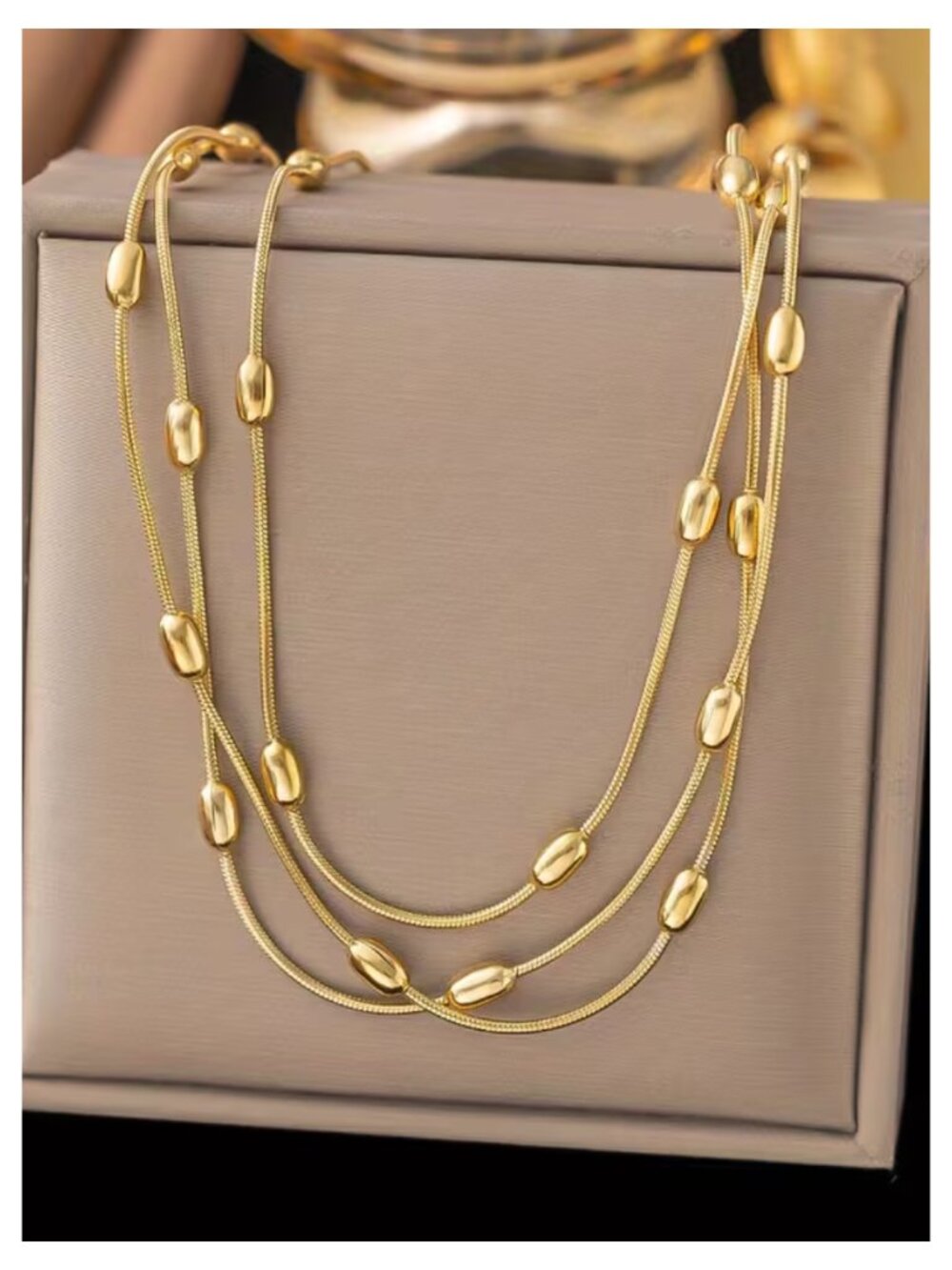 NWT 18K Yellow Gold Plated Long Wrap Beaded Snake Chain Necklace Stainless Steel